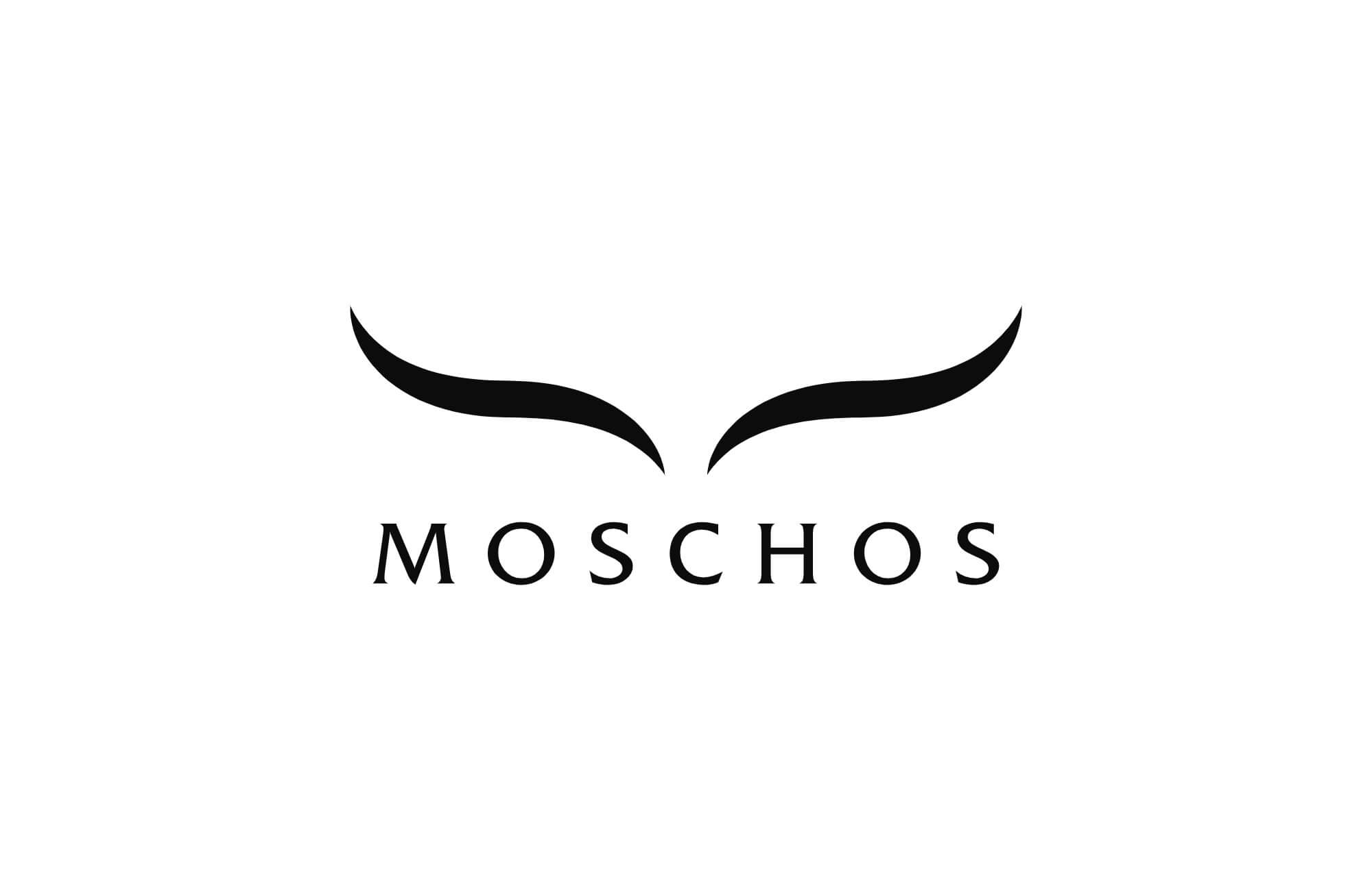 Moschos, dizajn logotipa s stiliziranim rogovima bika koji simboliziraju snagu, moć i odlučnost, odražavajući ključne vrijednosti brenda: stabilnost, hrabrost i predanost.